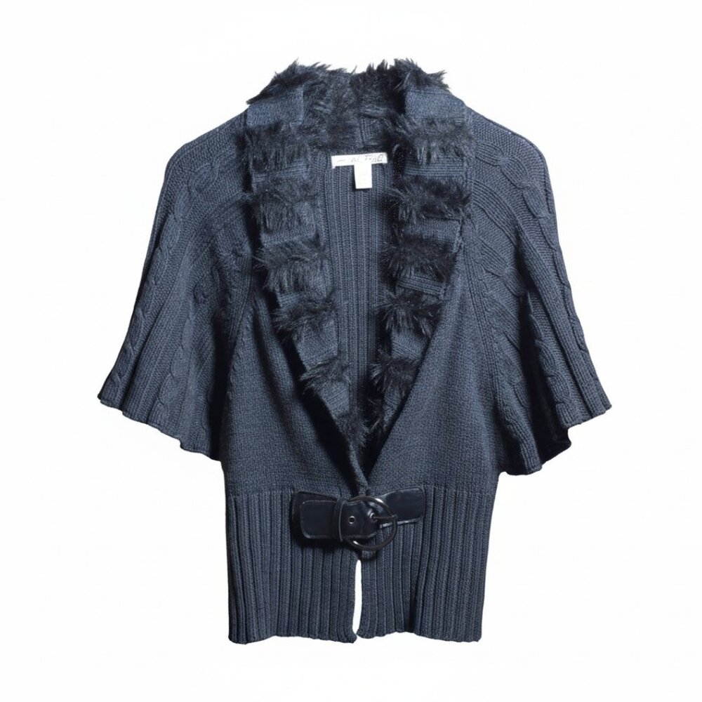 Black Faux Fur Trim Cardigan Sweater Womens M Belted Short Sleeve Open Front